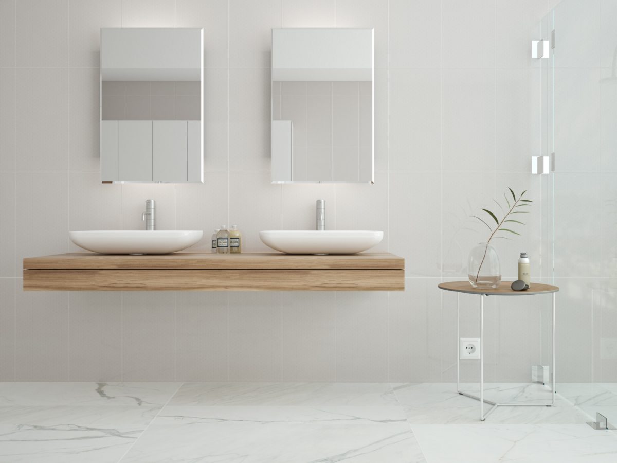 white bathroom with two modern sink