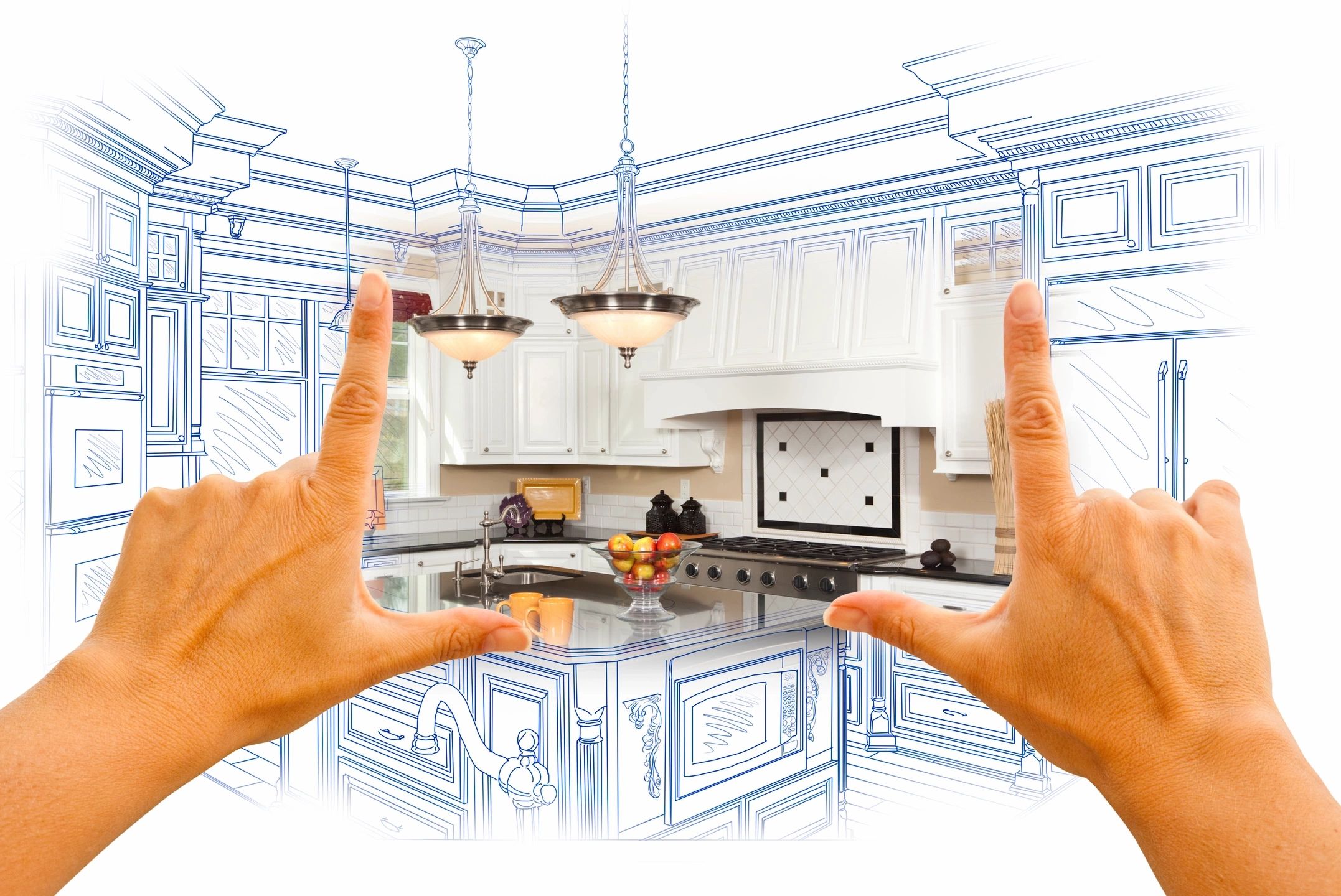 two hands frame the heart of a kitchen bringing it to life. The rest is drawing and awaits the imagination of its owner to be realized so that kitchen renovations on a budget can make their dream kitchen a reality.